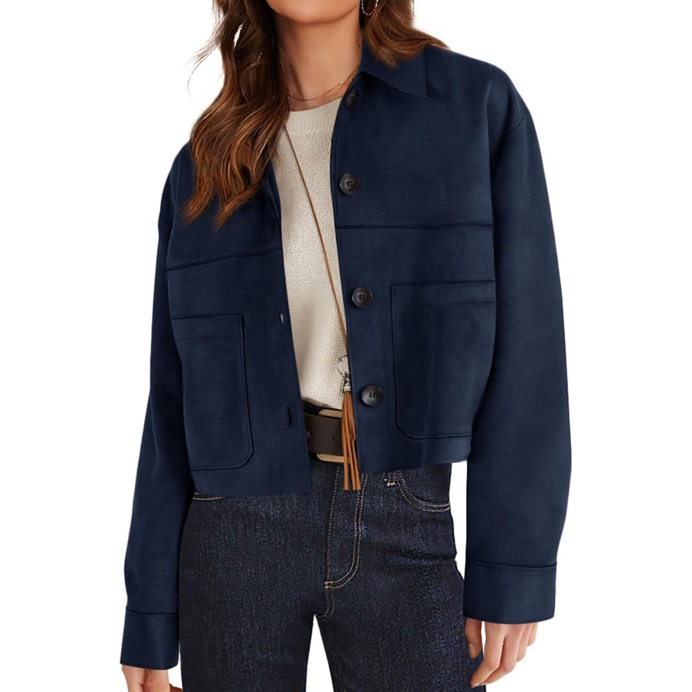 image:imagePRETTYGARDEN Womens Faux Suede Lightweight Cropped Jacket Button Down Collared Shacket Oversized Casual Outerwear Patch Pocket Transitional Layering Piece for Spring Fall amp WinterNavy Blue