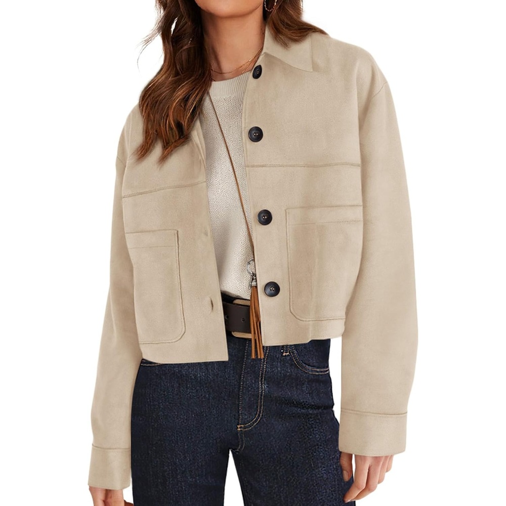 image:imagePRETTYGARDEN Womens Faux Suede Lightweight Cropped Jacket Button Down Collared Shacket Oversized Casual Outerwear Patch Pocket Transitional Layering Piece for Spring Fall amp WinterBeige