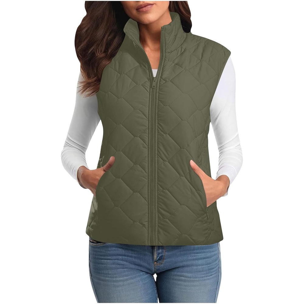 image:imagePuffer Vest Women Sleeveless Zip Up Outerwear Stand Collar Quilted Fall Vest Warm Winter Jackets Coats with PocketsArmy Green