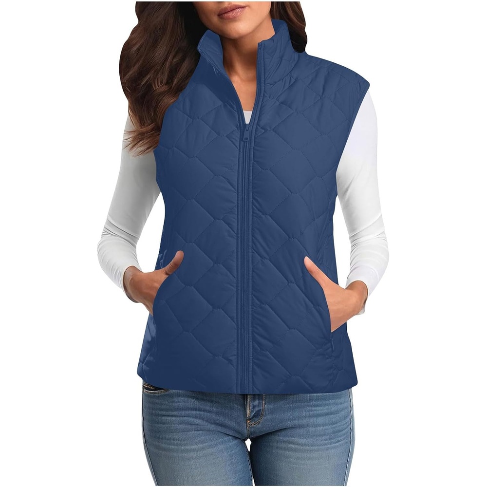 image:imagePuffer Vest Women Sleeveless Zip Up Outerwear Stand Collar Quilted Fall Vest Warm Winter Jackets Coats with PocketsBlue