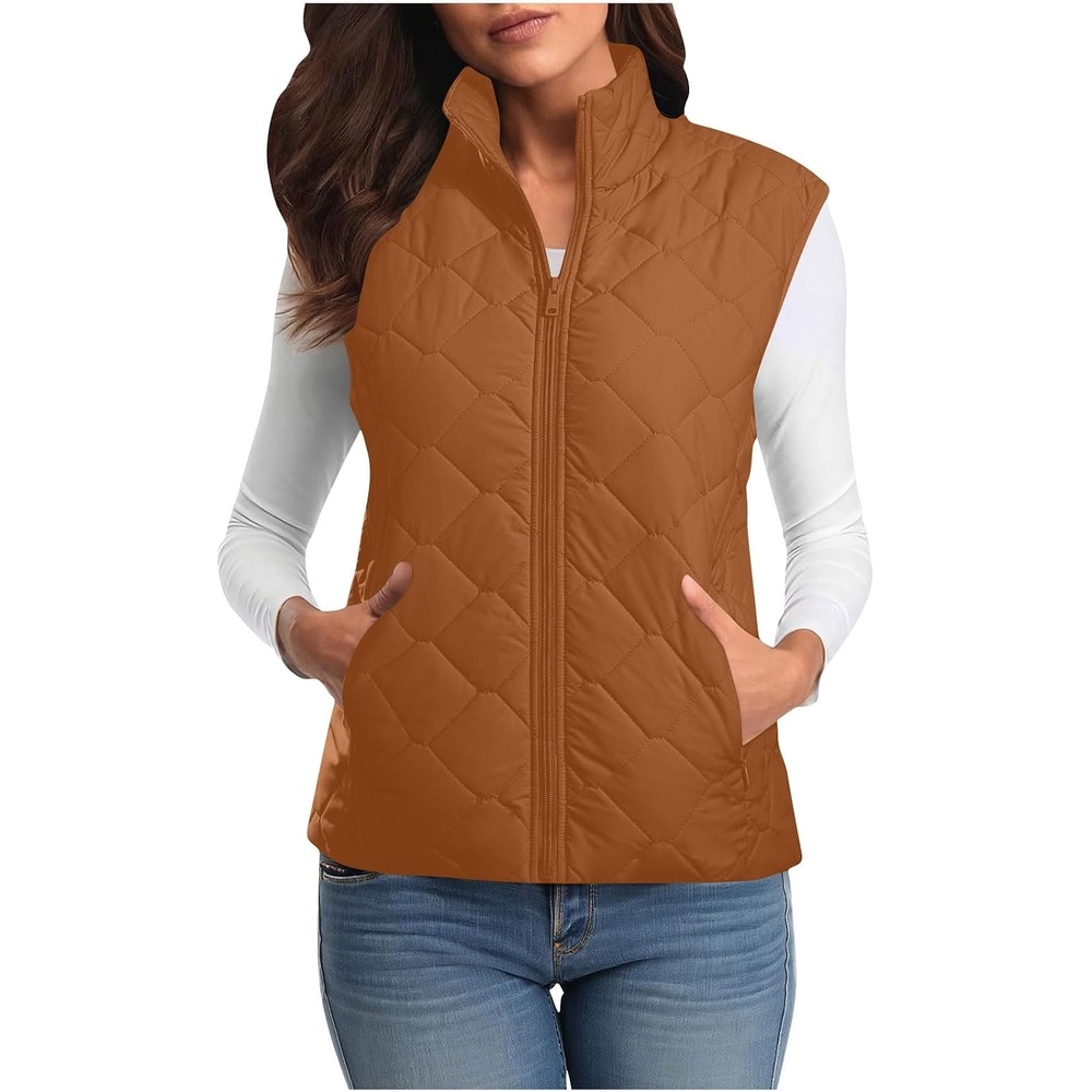 image:imagePuffer Vest Women Sleeveless Zip Up Outerwear Stand Collar Quilted Fall Vest Warm Winter Jackets Coats with PocketsBrown