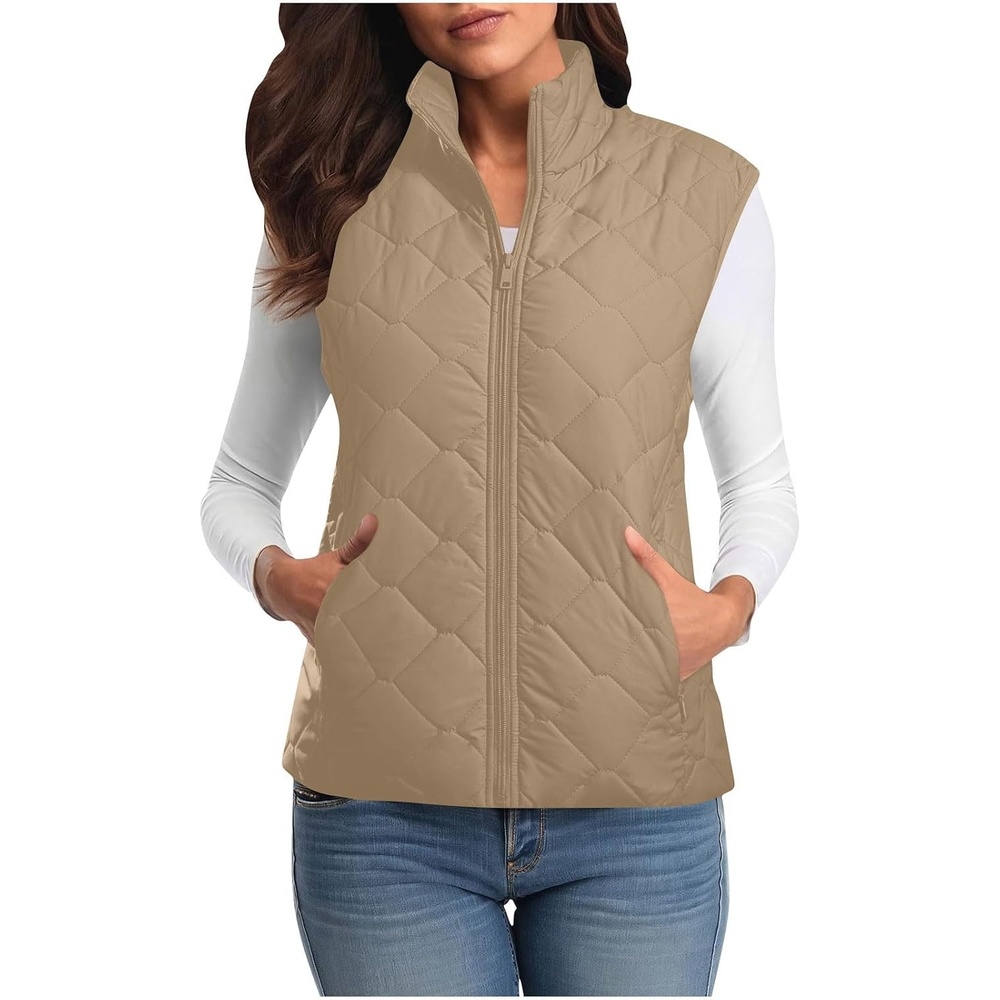 image:imagePuffer Vest Women Sleeveless Zip Up Outerwear Stand Collar Quilted Fall Vest Warm Winter Jackets Coats with PocketsKhaki
