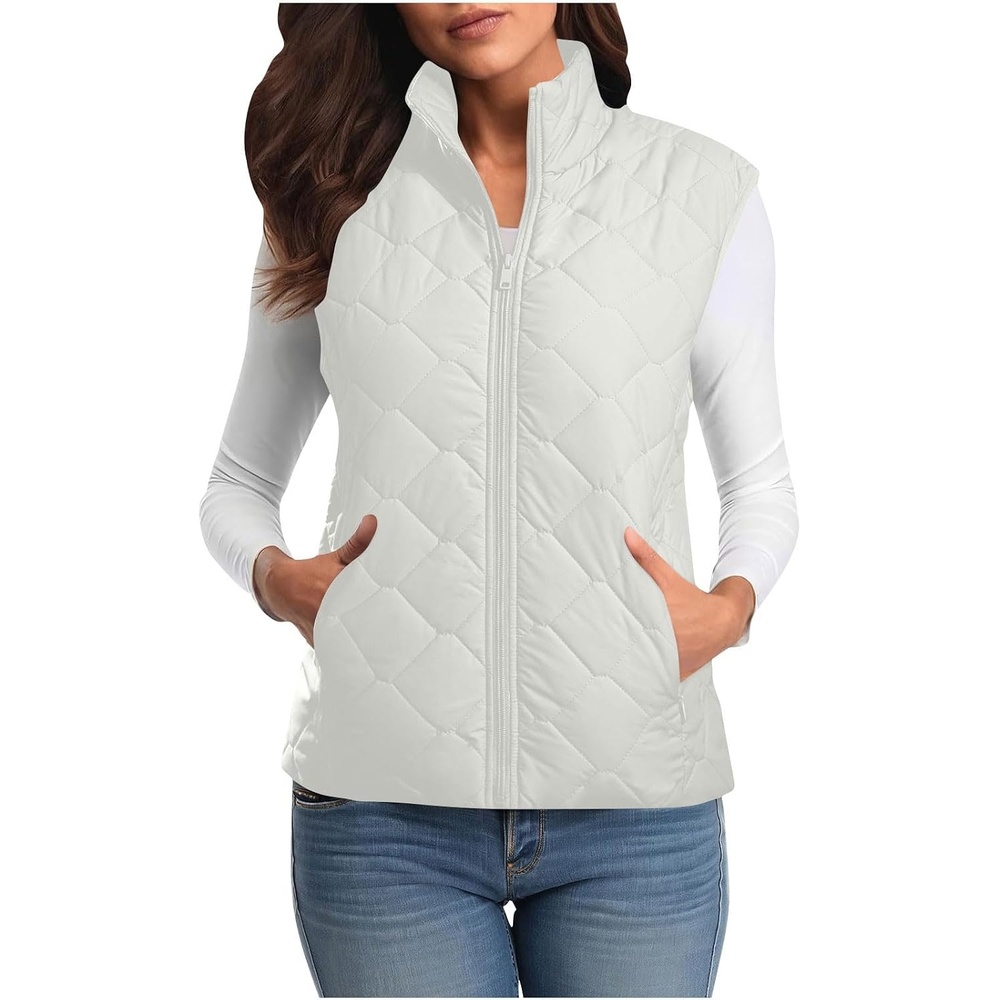image:imagePuffer Vest Women Sleeveless Zip Up Outerwear Stand Collar Quilted Fall Vest Warm Winter Jackets Coats with PocketsWhite
