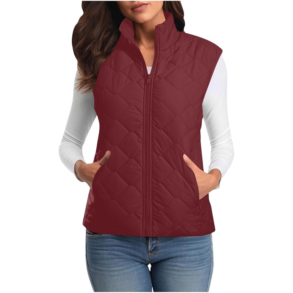 image:imagePuffer Vest Women Sleeveless Zip Up Outerwear Stand Collar Quilted Fall Vest Warm Winter Jackets Coats with PocketsWine