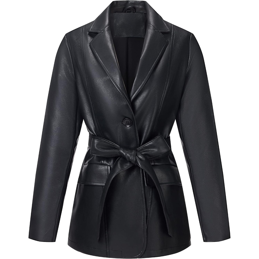 image:imageRISISSIDA Women Faux Leather Blazer JacketSoft PLeather PU Coat  Premium Vegan LeatherButton DownLapelSpring Fall Transitional Casual FashionWork and Daily WearBlackhip Lengthwith Detachable Belt
