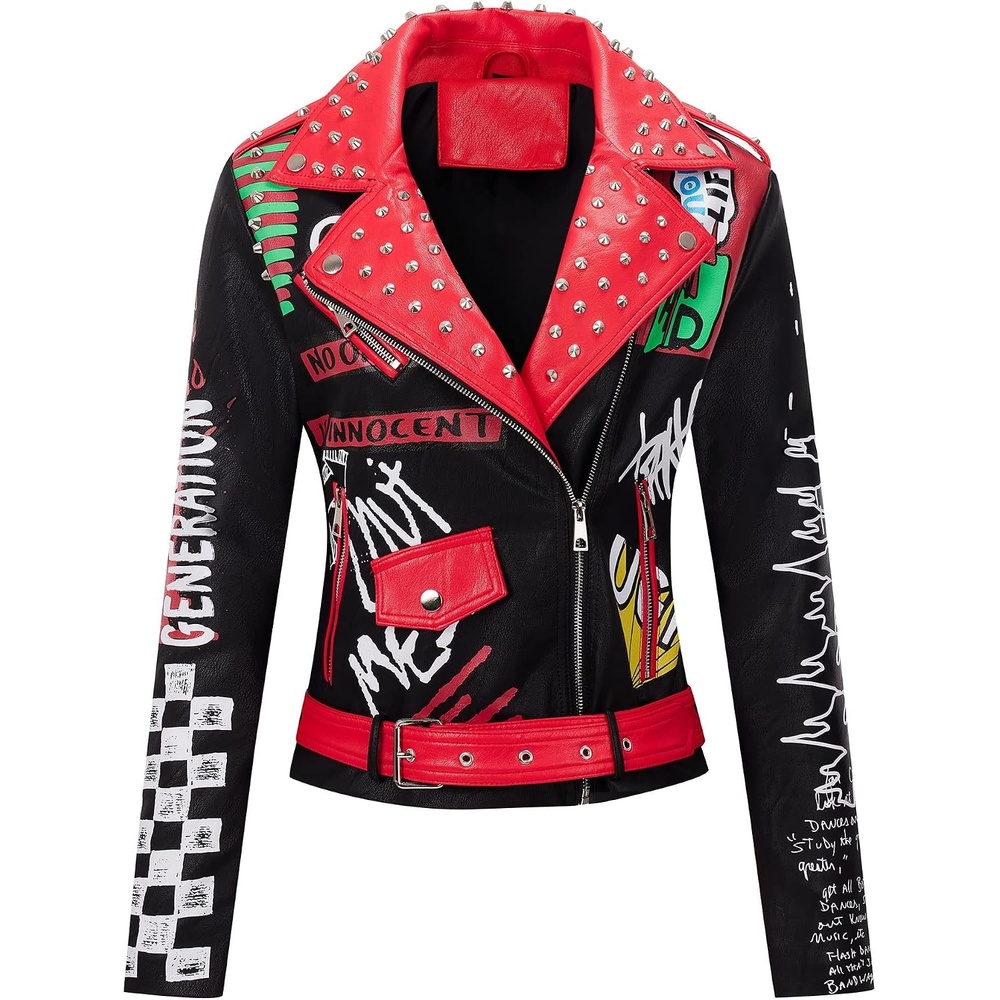 image:imageRISISSIDA Women Faux Leather Studded Moto Jacket Belted Short Streetwear Motorcycle Biker Trendy Emo ClothesHipLengthGraffiti PrintColor Block DesignSilver RivetAsymmetric Zip79 Blackred