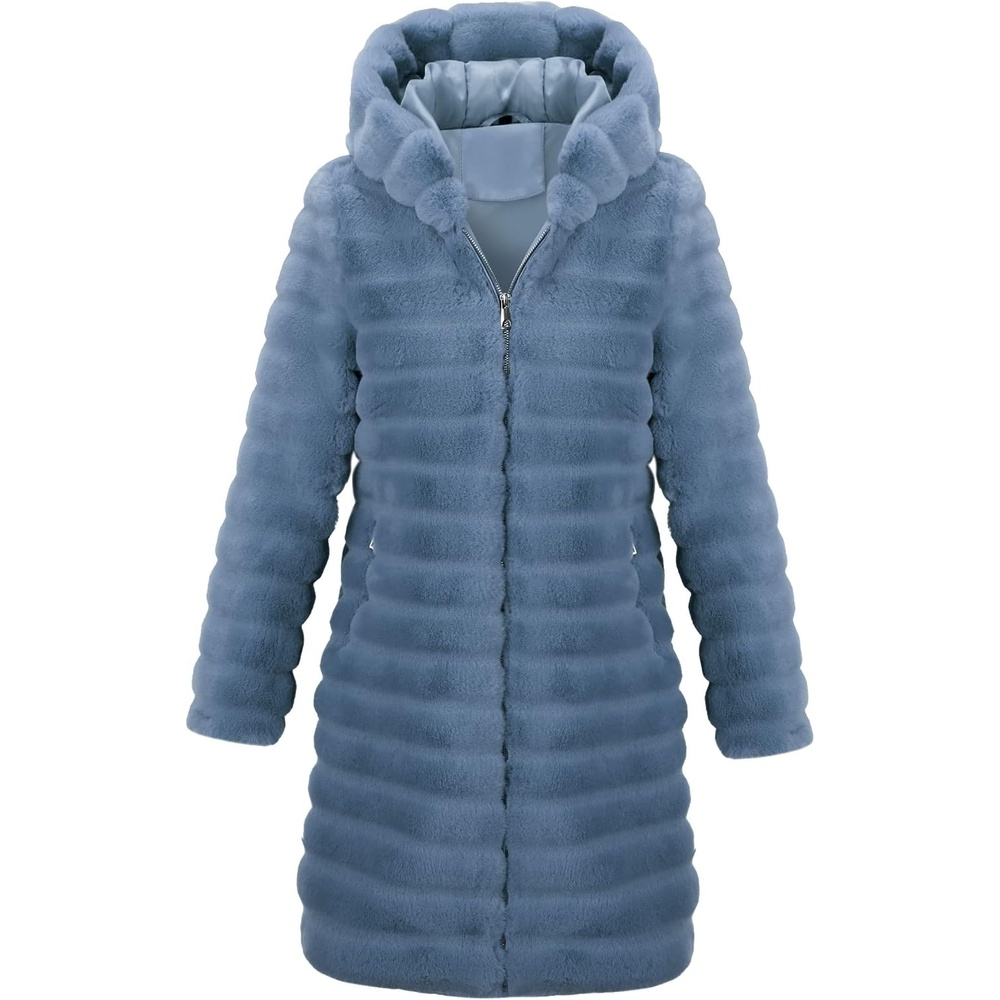 image:imageRISISSIDA Women Long Faux Fur CoatHooded Fleece Jacket Stripes PatternFuzzy Winter Fall Thermal Shearling Warm Fluffy Furry OvercoatZip UpSide PocketsBluehorizontal Texture
