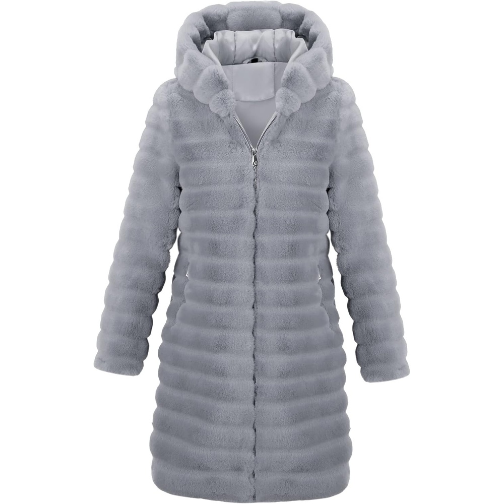 image:imageRISISSIDA Women Long Faux Fur CoatHooded Fleece Jacket Stripes PatternFuzzy Winter Fall Thermal Shearling Warm Fluffy Furry OvercoatZip UpSide PocketsGrayhorizontal Texture