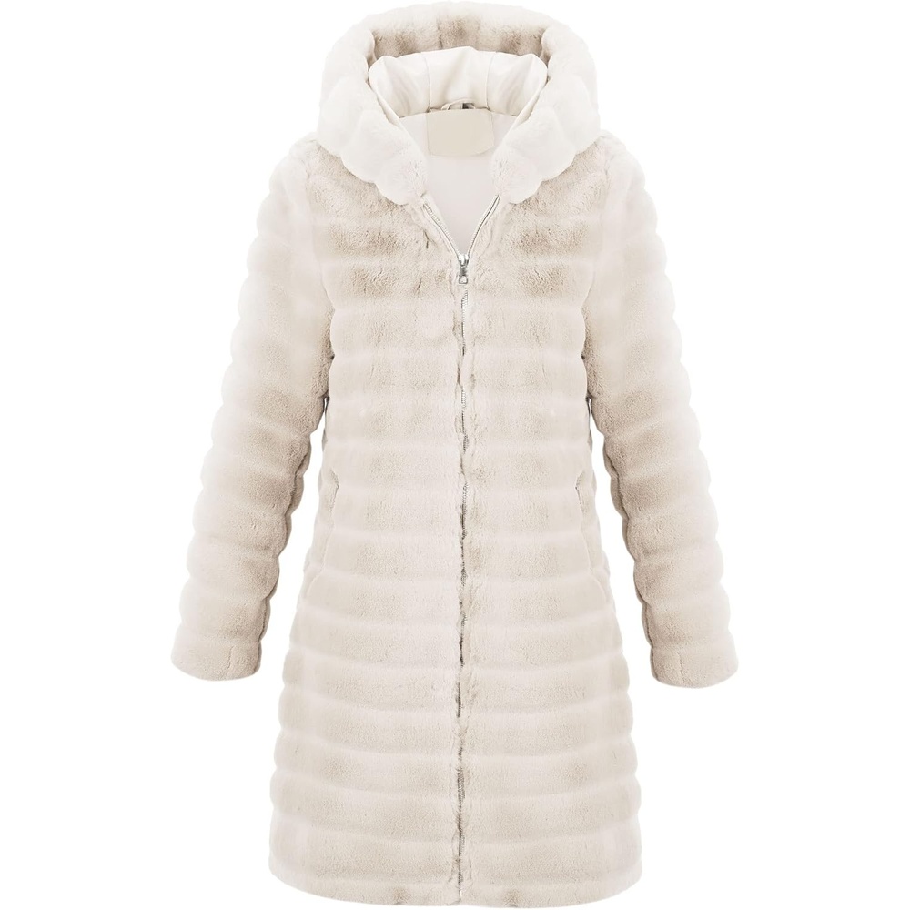 image:imageRISISSIDA Women Long Faux Fur CoatHooded Fleece Jacket Stripes PatternFuzzy Winter Fall Thermal Shearling Warm Fluffy Furry OvercoatZip UpSide PocketsBeigehorizontal Texture