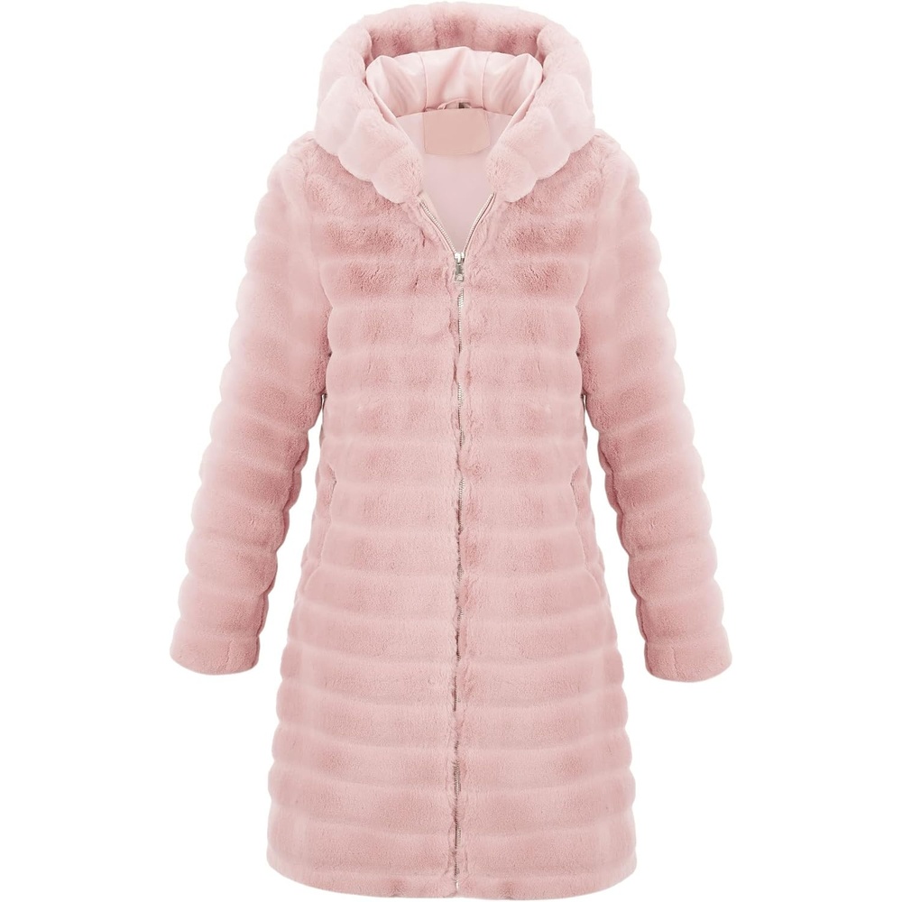 image:imageRISISSIDA Women Long Faux Fur CoatHooded Fleece Jacket Stripes PatternFuzzy Winter Fall Thermal Shearling Warm Fluffy Furry OvercoatZip UpSide PocketsLight Pinkhorizontal Texture