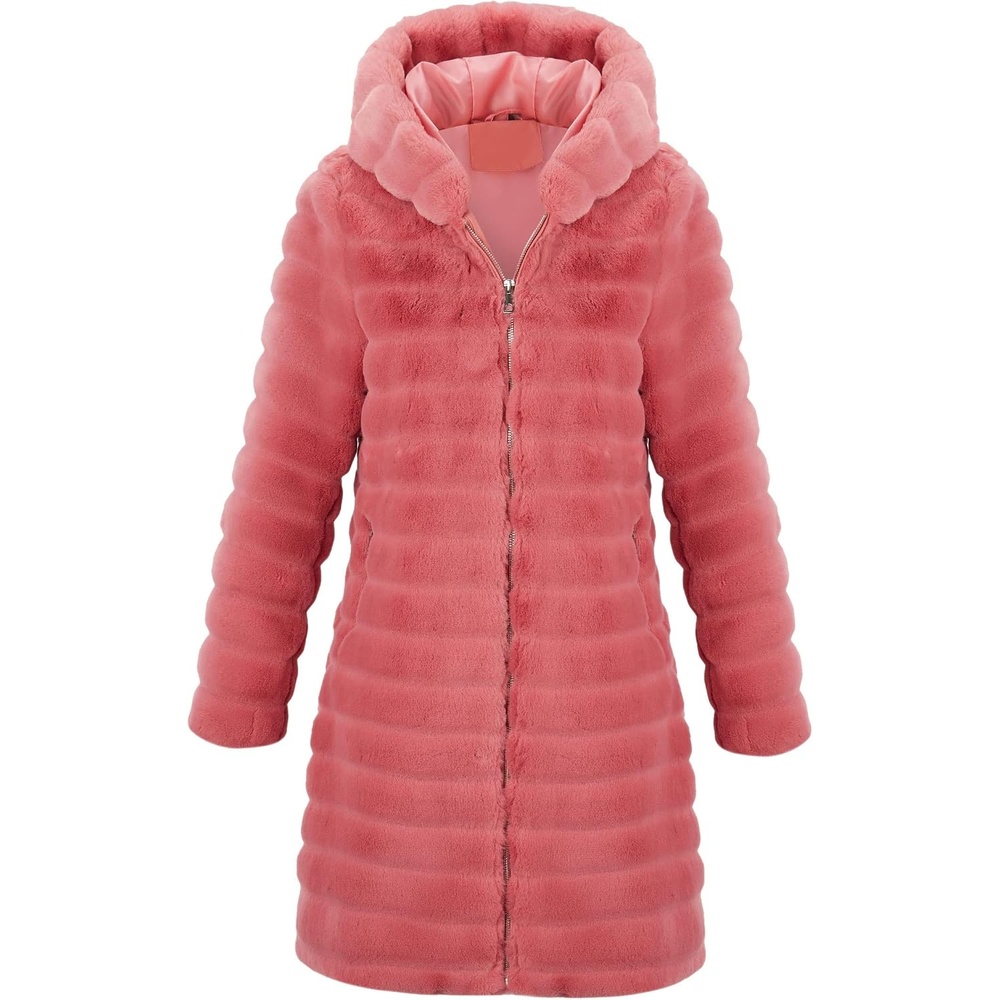 image:imageRISISSIDA Women Long Faux Fur CoatHooded Fleece Jacket Stripes PatternFuzzy Winter Fall Thermal Shearling Warm Fluffy Furry OvercoatZip UpSide PocketsRedhorizontal Texture