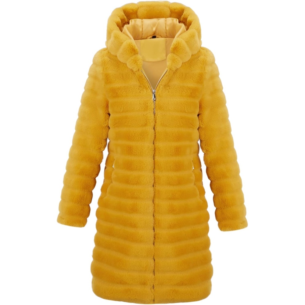 image:imageRISISSIDA Women Long Faux Fur CoatHooded Fleece Jacket Stripes PatternFuzzy Winter Fall Thermal Shearling Warm Fluffy Furry OvercoatZip UpSide PocketsYellowhorizontal Texture