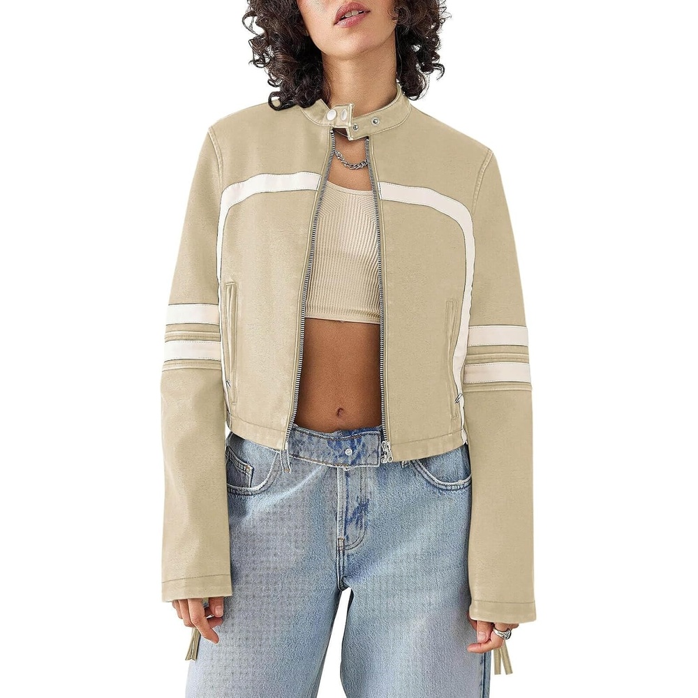 image:imageSaodimallsu Womens Faux Leather Jackets Cropped Racer Moto Biker Coats CropZip UpStand CollarMotocrossRacingMotorcycleCasualApricot