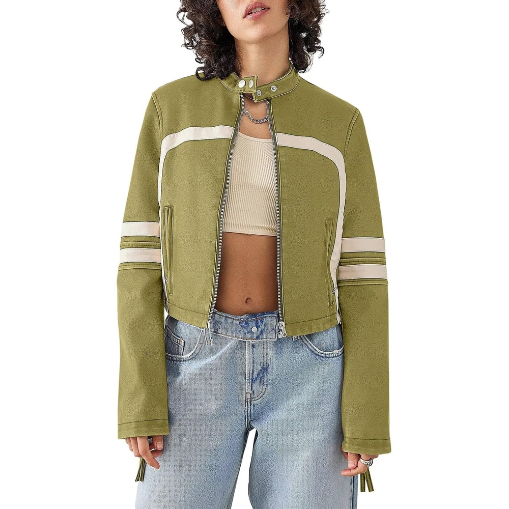image:imageSaodimallsu Womens Faux Leather Jackets Cropped Racer Moto Biker Coats CropZip UpStand CollarMotocrossRacingMotorcycleCasualGreen