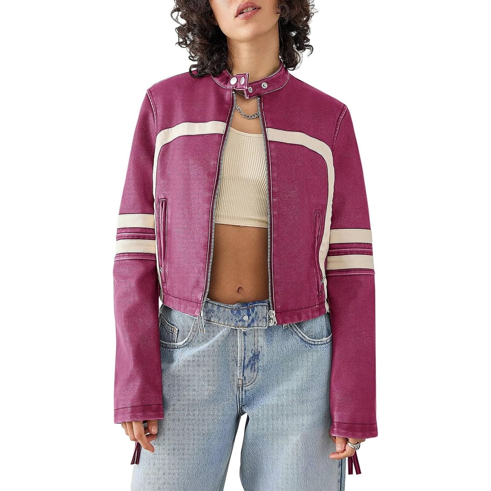 image:imageSaodimallsu Womens Faux Leather Jackets Cropped Racer Moto Biker Coats CropZip UpStand CollarMotocrossRacingMotorcycleCasualPurple