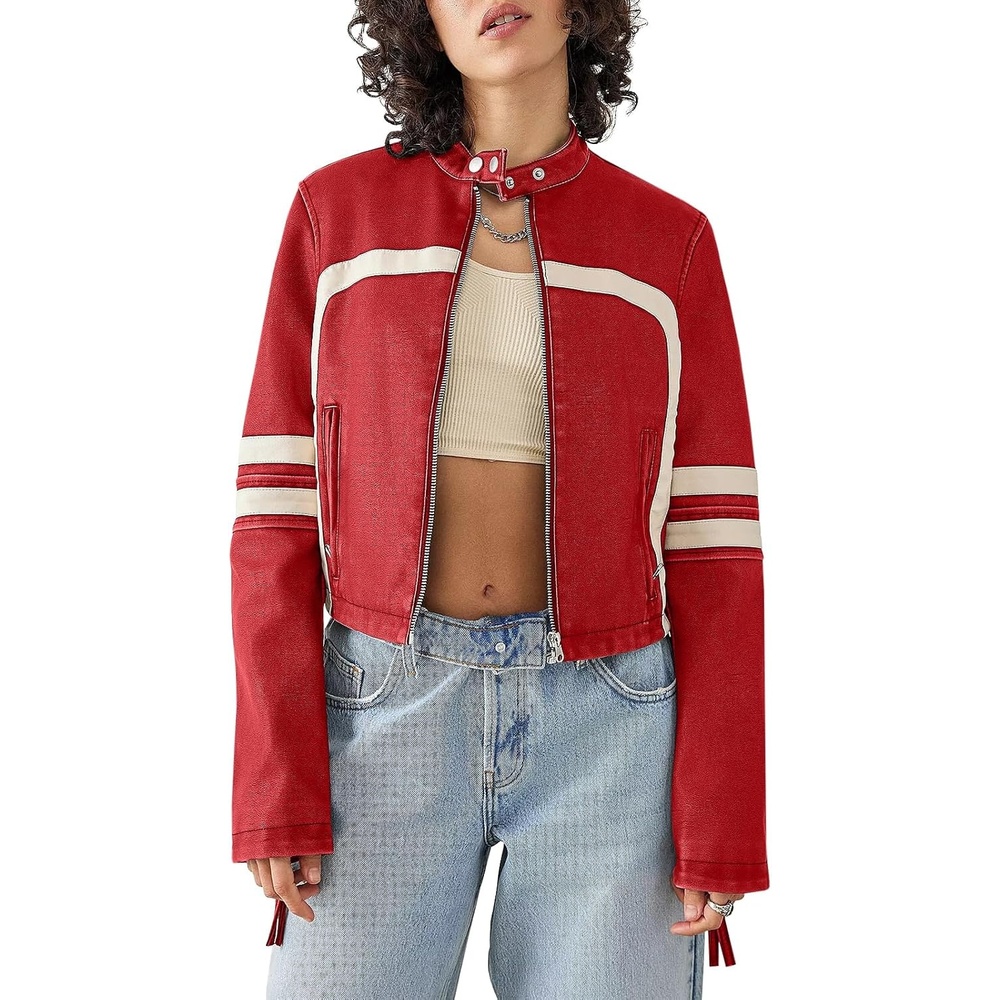image:imageSaodimallsu Womens Faux Leather Jackets Cropped Racer Moto Biker Coats CropZip UpStand CollarMotocrossRacingMotorcycleCasualRed