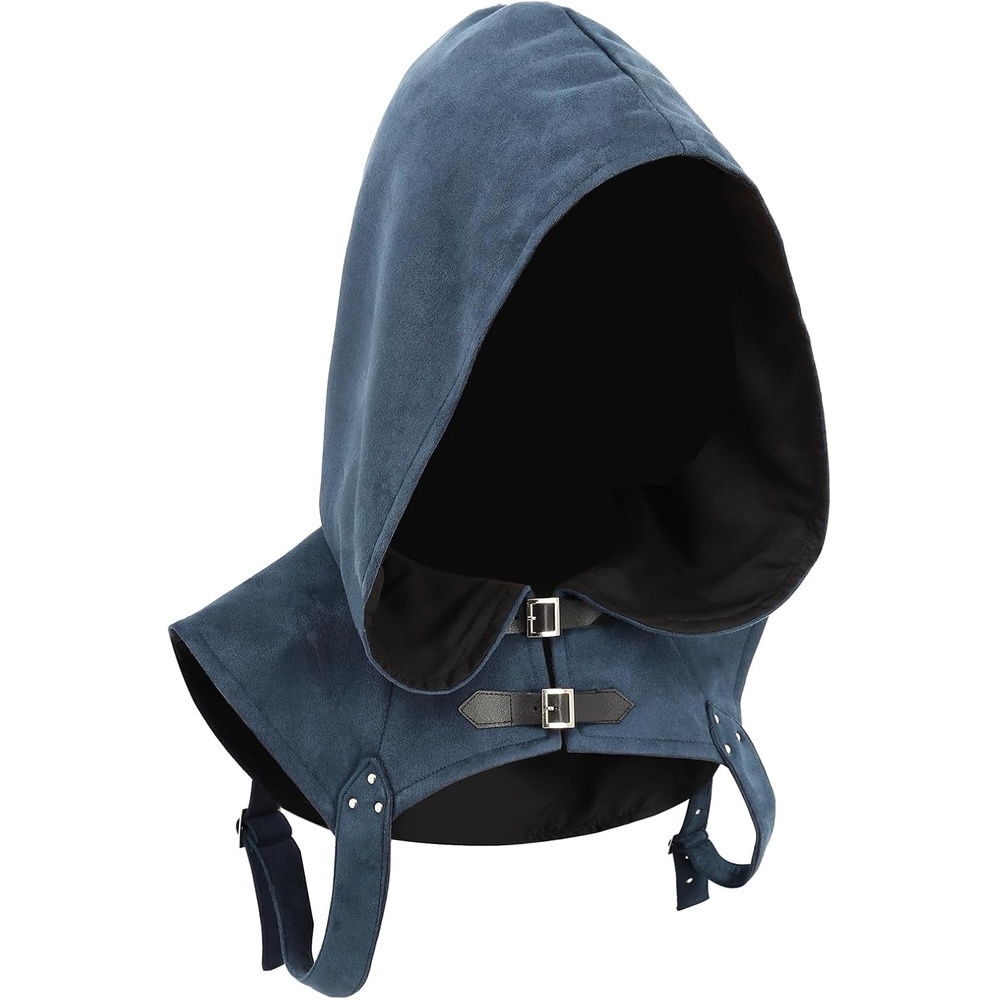 image:imageSteampunk Hooded Cowl Renaissance Gothic Short Cape Medieval Cloak with Buckles Cosplay LARP CostumeBlue