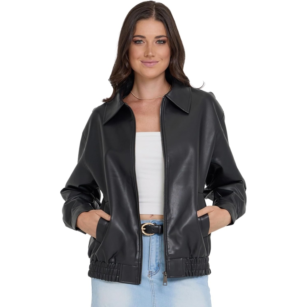 image:imageSteve Madden Leather Jacket Women Faux Leather Bomber Motorcycle JacketBlack