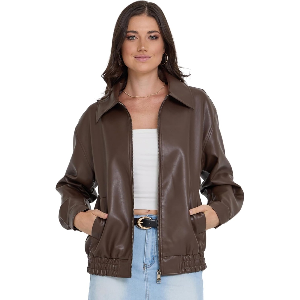 image:imageSteve Madden Leather Jacket Women  Faux Leather Bomber Motorcycle JacketEspresso