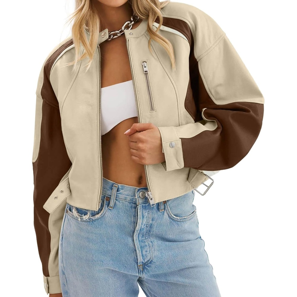 image:imageTankaneo Womens Faux Leather Bomber Jackets Cropped Fall Moto Biker Coats  Zip Up Color Block CasualKhaki