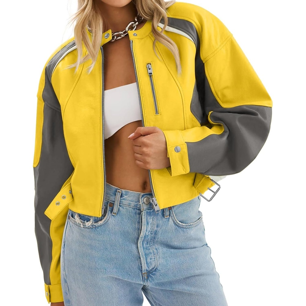 image:imageTankaneo Womens Faux Leather Bomber Jackets Cropped Fall Moto Biker Coats Zip Up Color Block CasualYellow