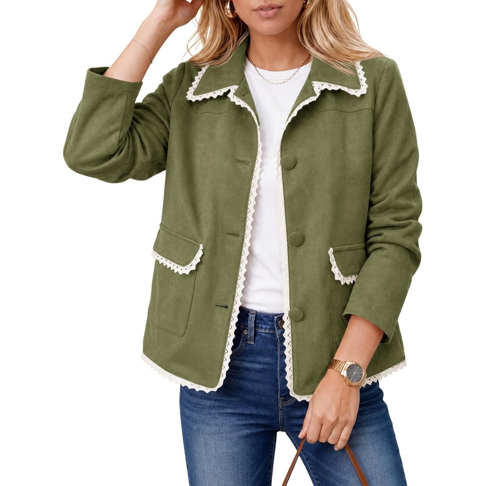 image:imageTankaneo Womens Faux Suede Leather Jackets Trendy Casual Button Down Coats Vintage Fall Spring Lace trim Loose fit PocketsArmy Green