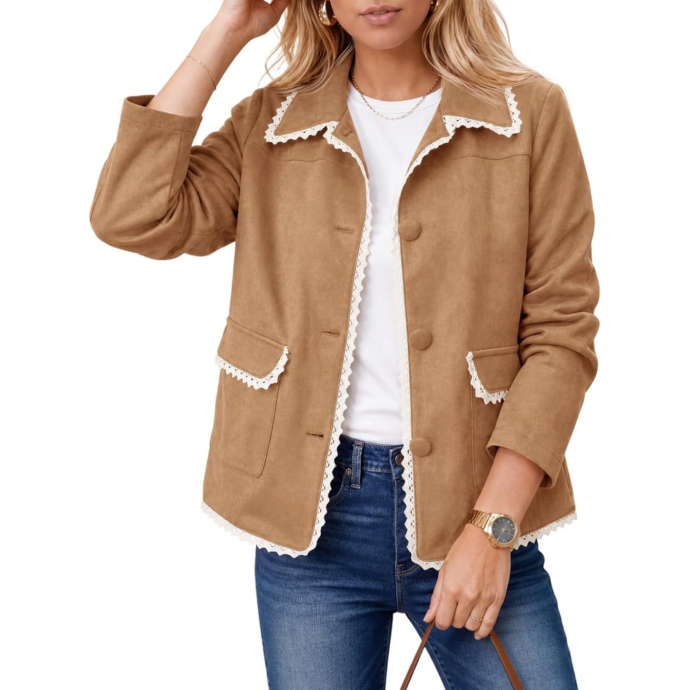 image:imageTankaneo Womens Faux Suede Leather Jackets Trendy Casual Button Down Coats Vintage Fall Spring Lace trim Loose fit PocketsBrown