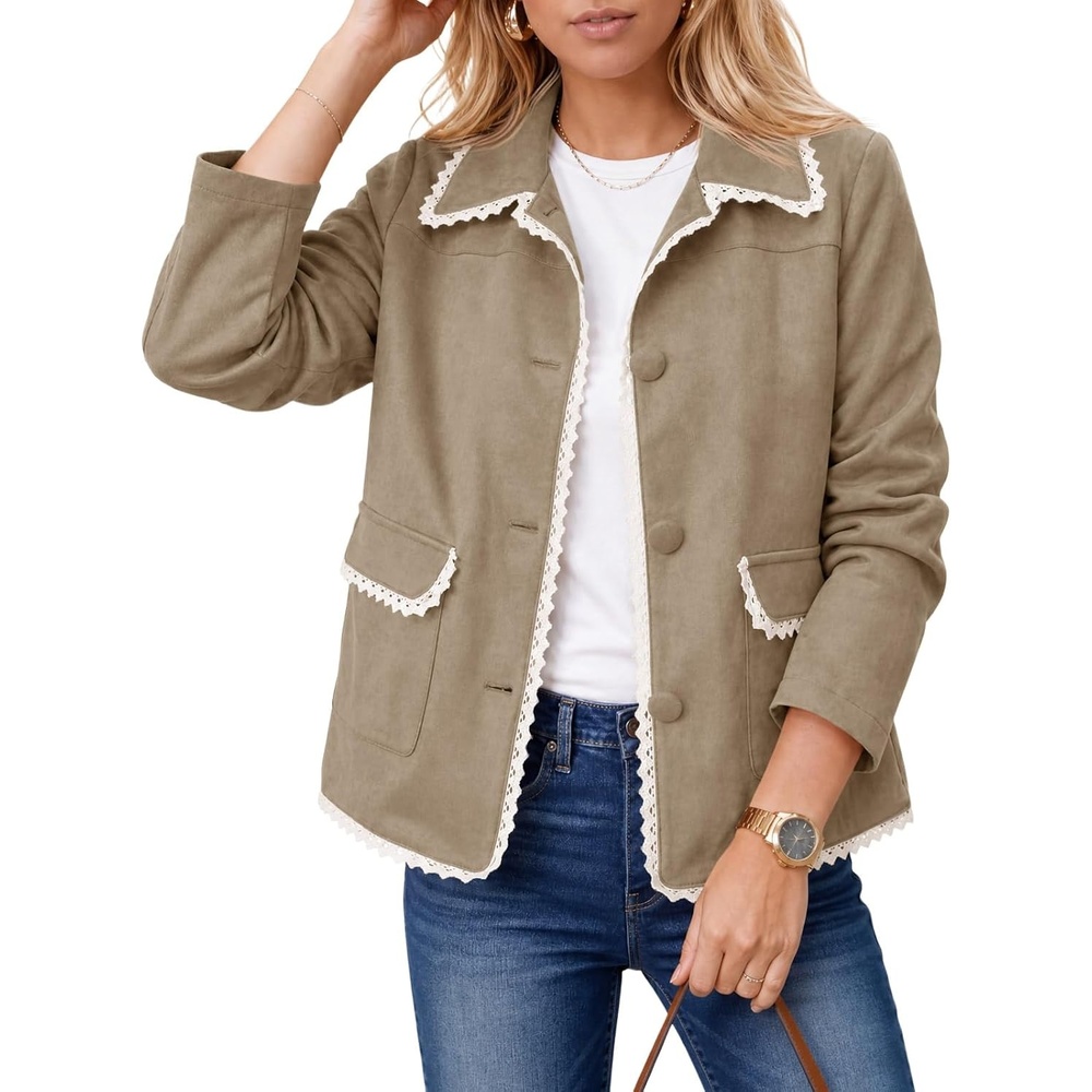 image:imageTankaneo Womens Faux Suede Leather Jackets Trendy Casual Button Down Coats Vintage Fall Spring Lace trim Loose fit PocketsDark Brown