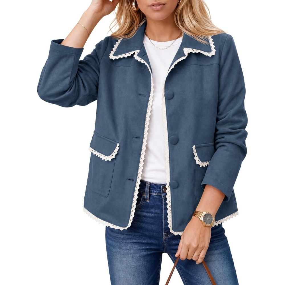 image:imageTankaneo Womens Faux Suede Leather Jackets Trendy Casual Button Down Coats Vintage Fall Spring Lace trim Loose fit PocketsNavy