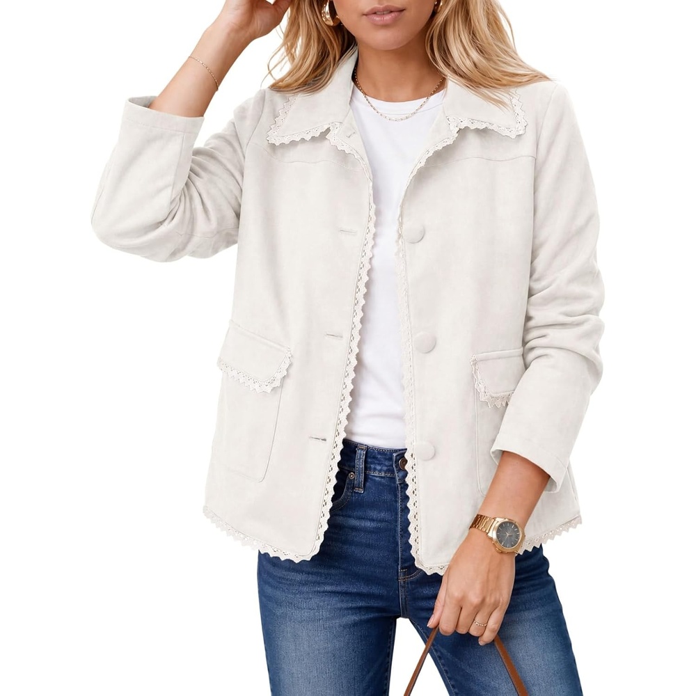 image:imageTankaneo Womens Faux Suede Leather Jackets Trendy Casual Button Down Coats Vintage Fall Spring Lace trim Loose fit PocketsOffwhite