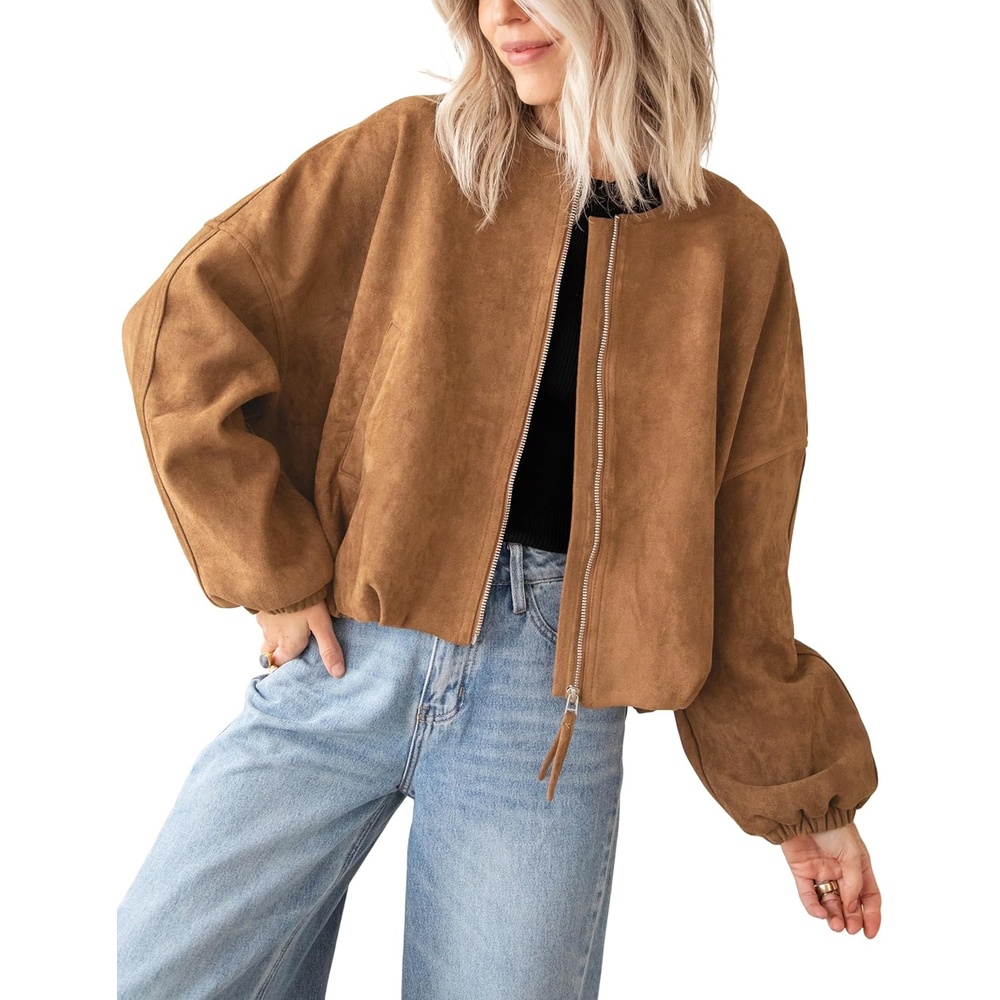 image:imageTanming Womens Faux Suede Bomber Jacket Oversized Coats Long Sleeve Zip up Casual Jackets with Pockets Cropped Motorcycle Biker Coat Trendy Spring Fall Streetwear OuterwearBrown