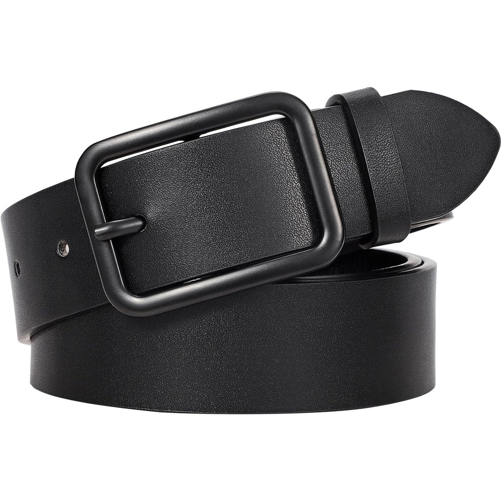 image:imageWERFORU Women Classic Black Leather Belt With Square Silver Buckle For Jeans Pants13 widthAblack With Black