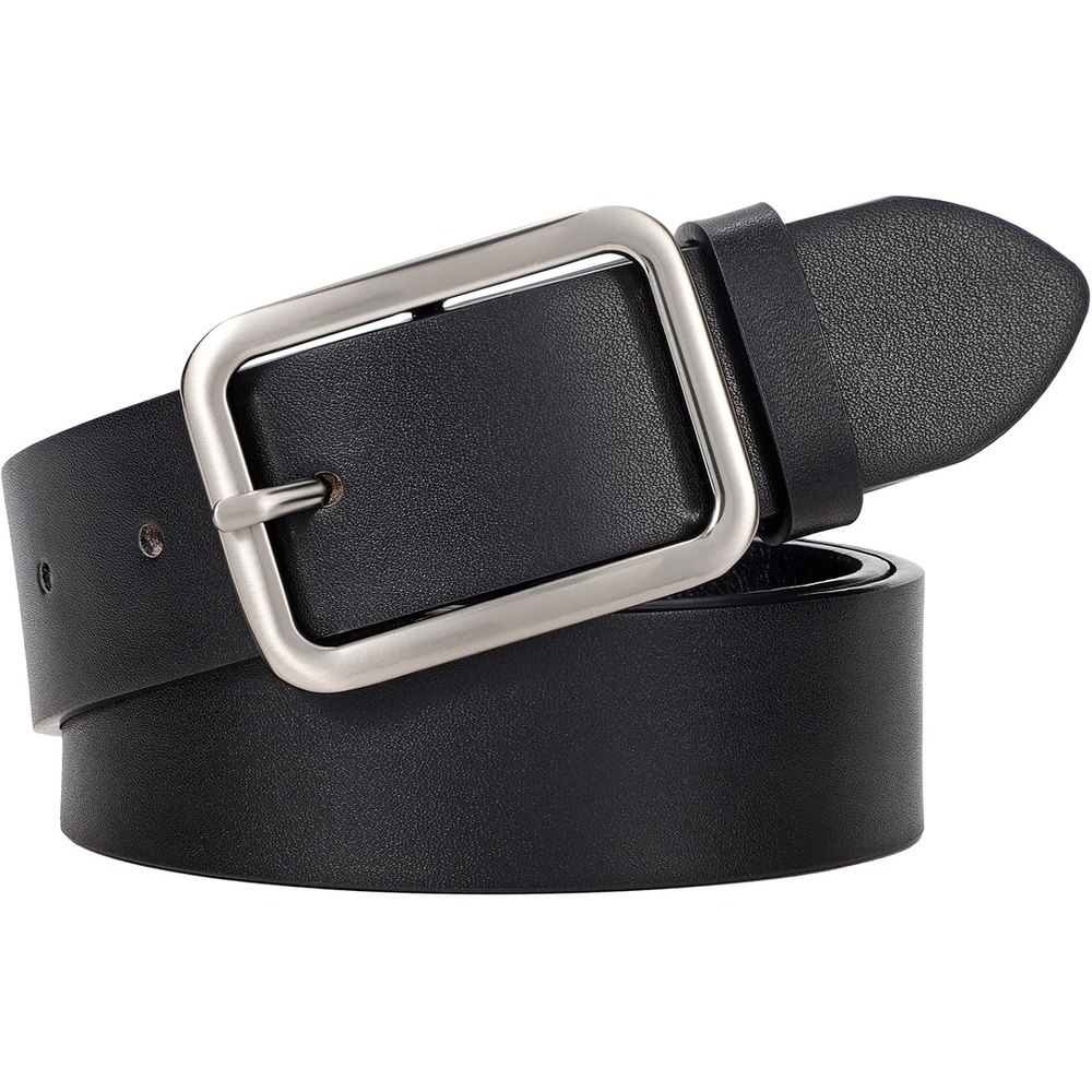 image:imageWERFORU Women Classic Black Leather Belt With Square Silver Buckle For Jeans Pants13 widthCblack With Silver