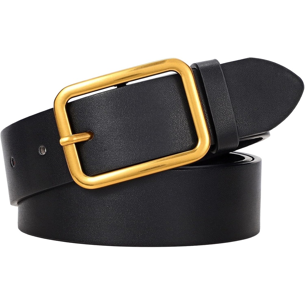 image:imageWERFORU Women Classic Black Leather Belt With Square Silver Buckle For Jeans Pants13 widthDblack With Pale Gold