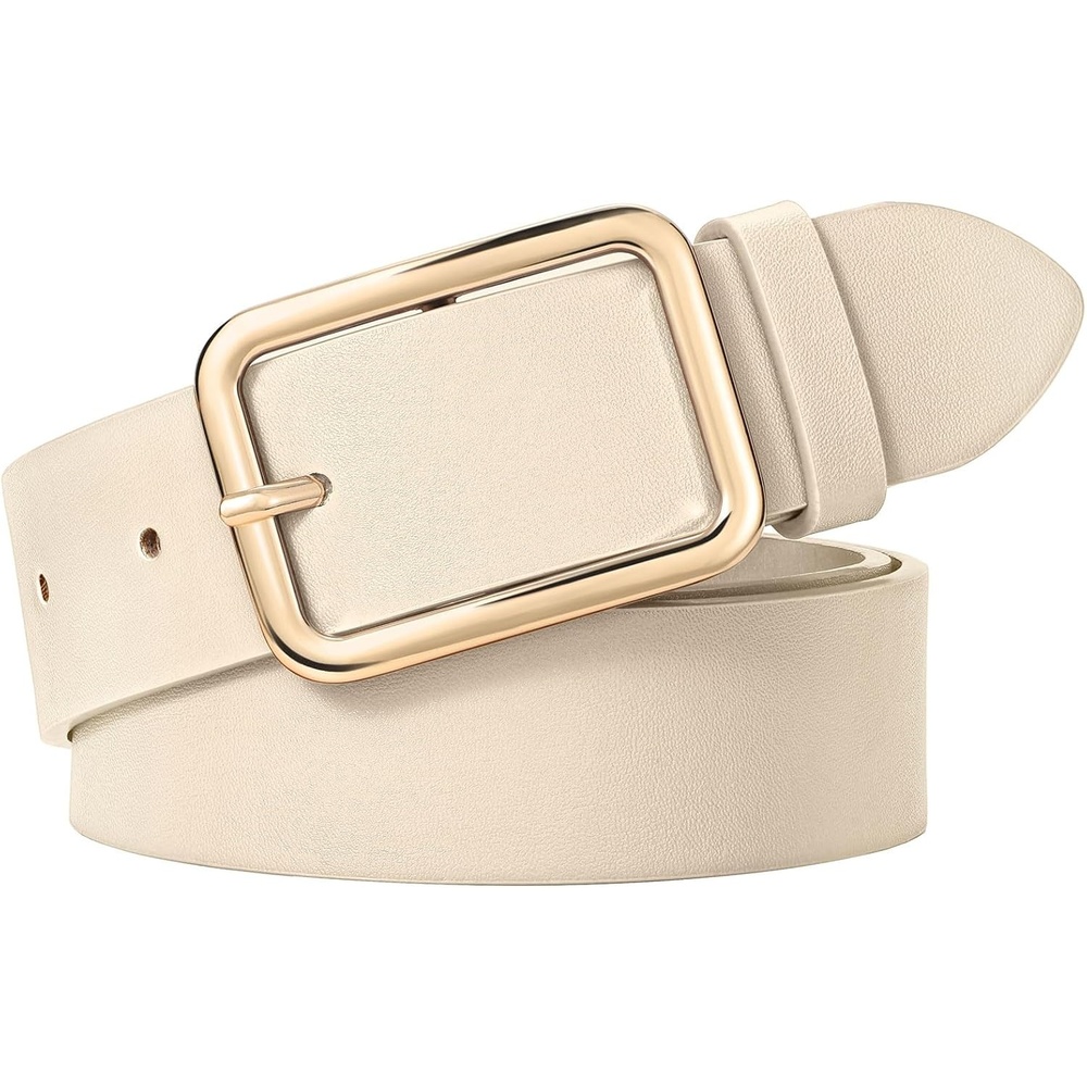 image:imageWERFORU Women Classic Black Leather Belt With Square Silver Buckle For Jeans Pants13 widthEbeige With Bright Gold