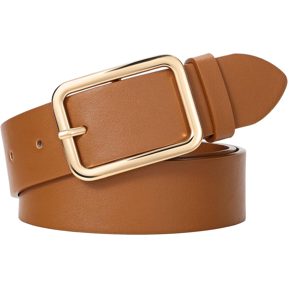 image:imageWERFORU Women Classic Black Leather Belt With Square Silver Buckle For Jeans Pants13 widthFbrown With Bright Gold