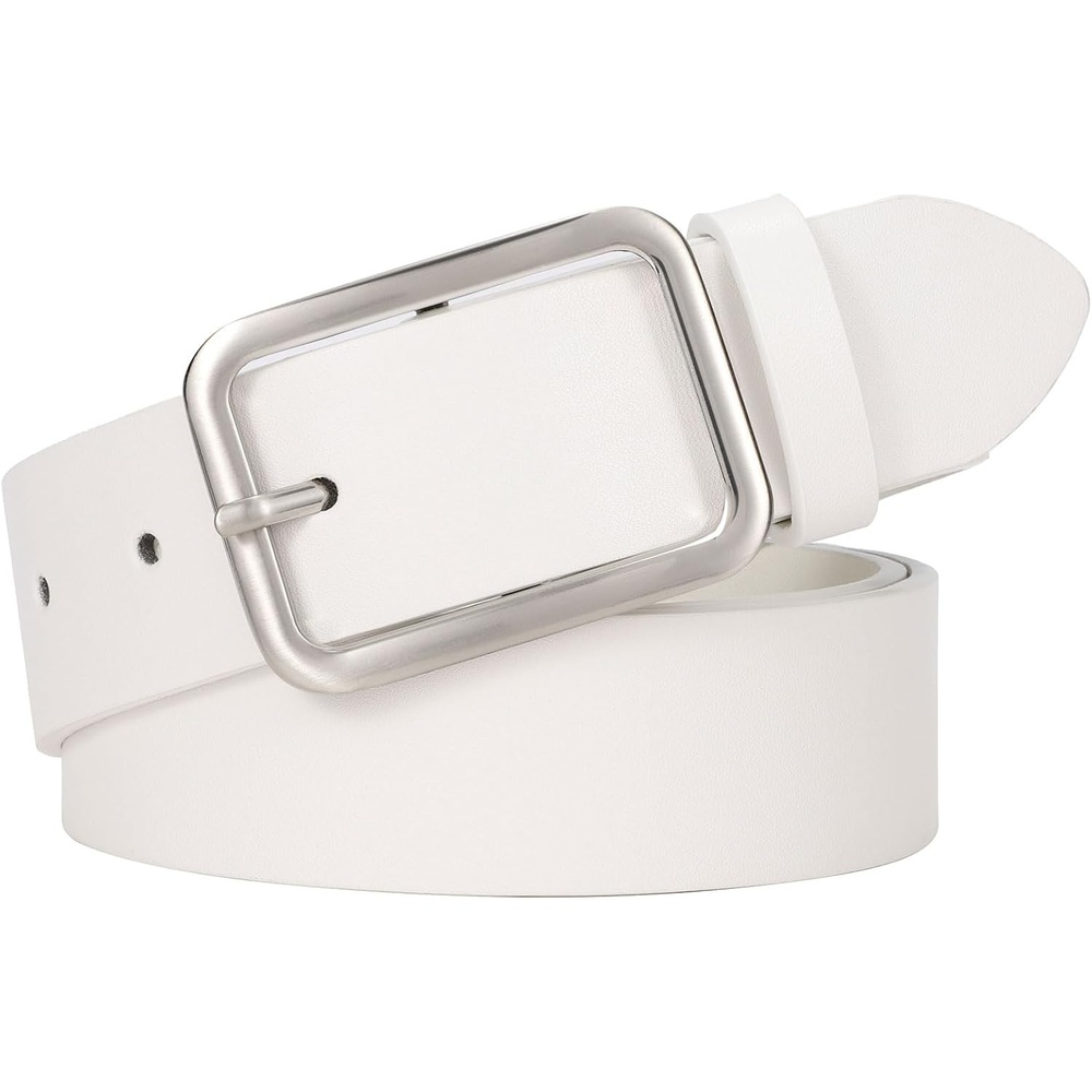 image:imageWERFORU Women Classic Black Leather Belt With Square Silver Buckle For Jeans Pants13 widthGwhite With Silver
