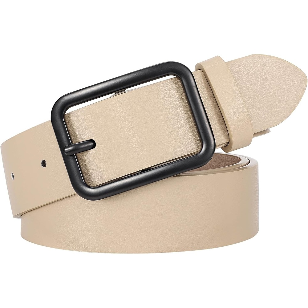 image:imageWERFORU Women Classic Black Leather Belt With Square Silver Buckle For Jeans Pants13 widthIbeige With Black Buckle