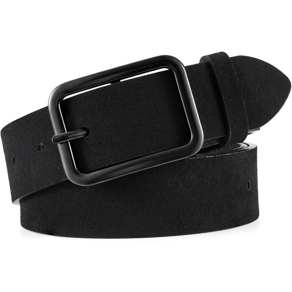 image:imageWERFORU Women Classic Black Leather Belt With Square Silver Buckle For Jeans Pants13 widthLblack With Blacksuede