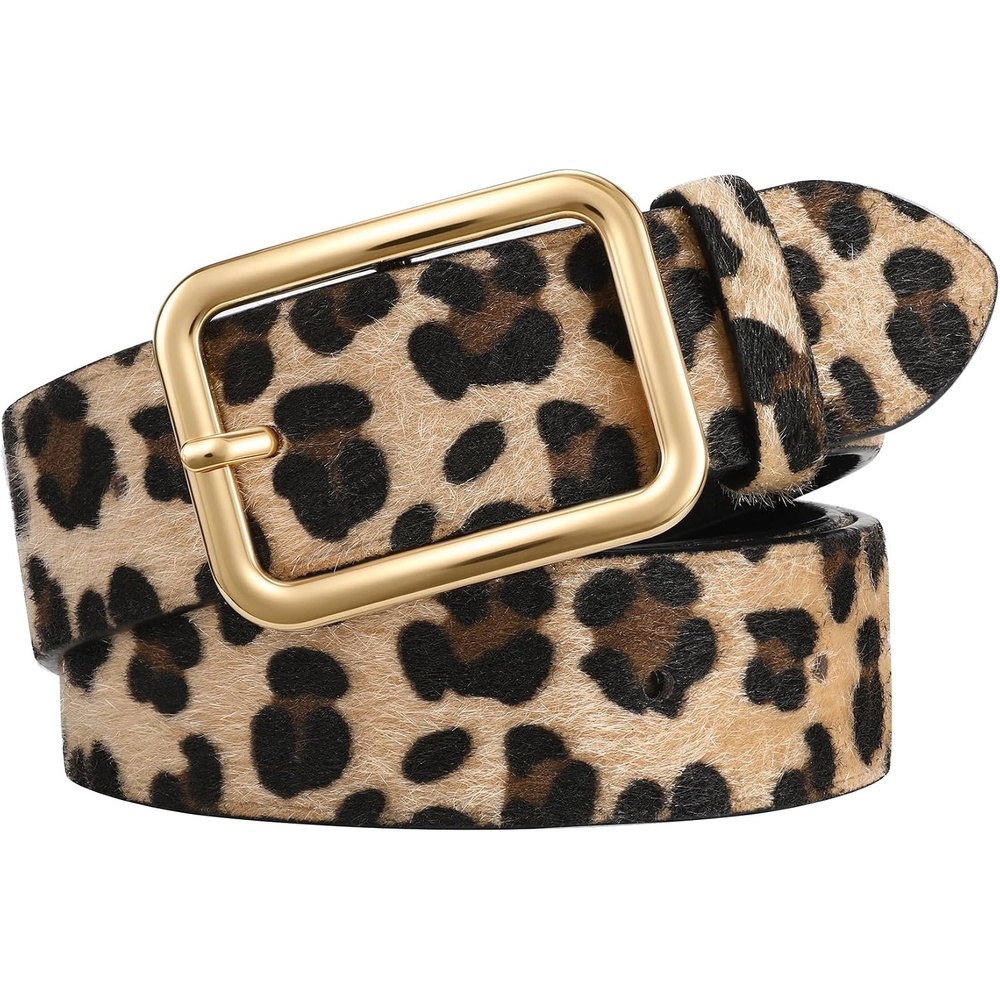 image:imageWERFORU Women Classic Black Leather Belt With Square Silver Buckle For Jeans Pants13 widthLeopard With Gold