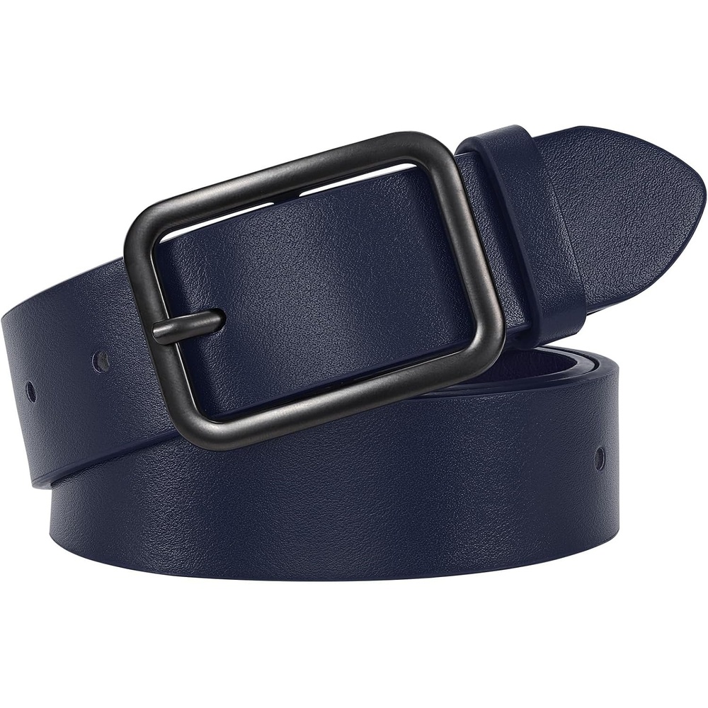 image:imageWERFORU Women Classic Black Leather Belt With Square Silver Buckle For Jeans Pants13 widthLnavy Blue With Black Buckle