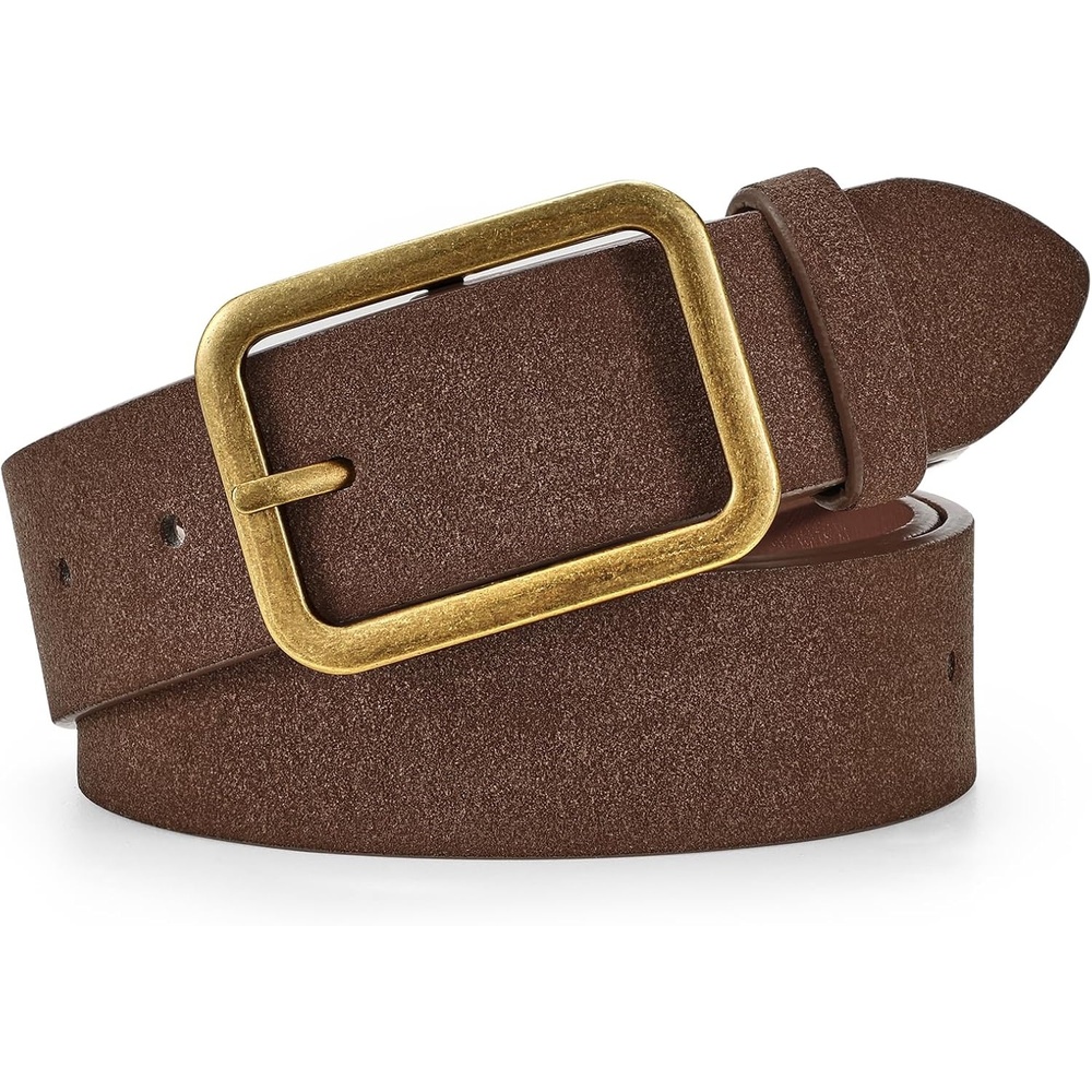 image:imageWERFORU Women Classic Black Leather Belt With Square Silver Buckle For Jeans Pants13 widthMcoffee With Bronzesuede