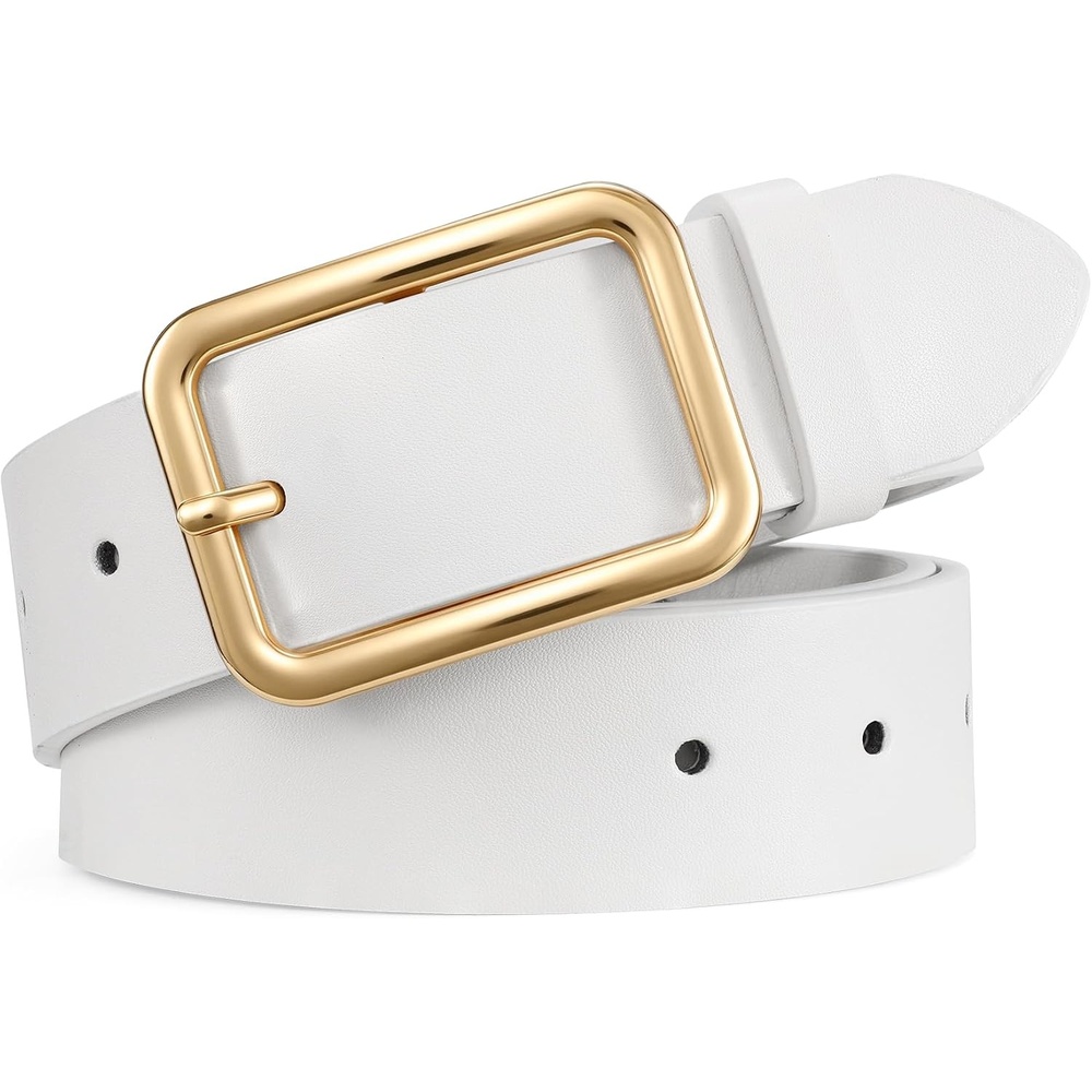 image:imageWERFORU Women Classic Black Leather Belt With Square Silver Buckle For Jeans Pants13 widthWhite With Gold
