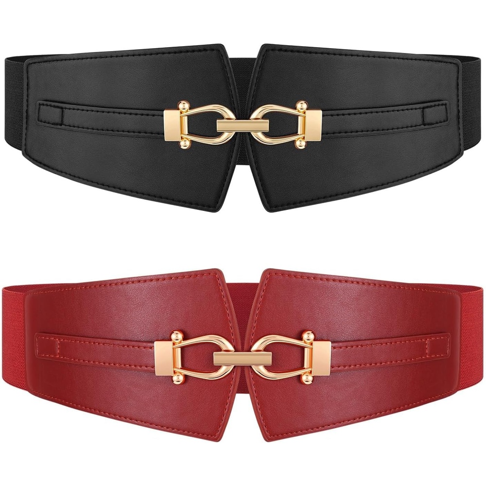 image:imageWide Elastic Belts for Women Corset Belt with Gold Buckle for Dresses Coat  Stretch Leather Belt Comfy amp Adjustable 24 Wide Corset Belt Highlight Waistline Wide Belts for Dresses Shirts CoatBlack  Red