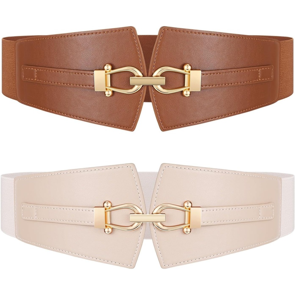 image:imageWide Elastic Belts for Women Corset Belt with Gold Buckle for Dresses Coat Stretch Leather Belt Comfy amp Adjustable 24 Wide Corset Belt Highlight Waistline Wide Belts for Dresses Shirts CoatBrown Beige