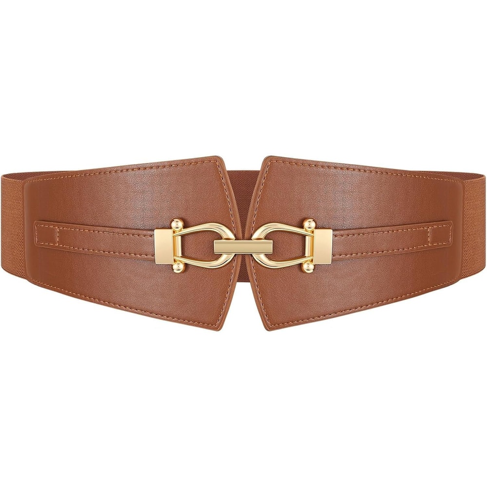 image:imageWide Elastic Belts for Women Corset Belt with Gold Buckle for Dresses Coat Stretch Leather Belt Comfy amp Adjustable 24 Wide Corset Belt Highlight Waistline Wide Belts for Dresses Shirts CoatBrown