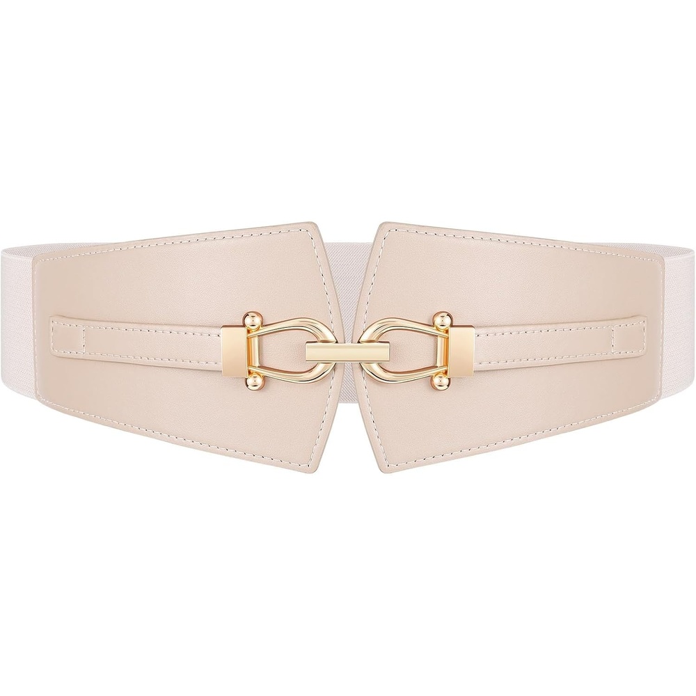 image:imageWide Elastic Belts for Women Corset Belt with Gold Buckle for Dresses Coat Stretch Leather Belt Comfy amp Adjustable 24 Wide Corset Belt Highlight Waistline Wide Belts for Dresses Shirts CoatBeige