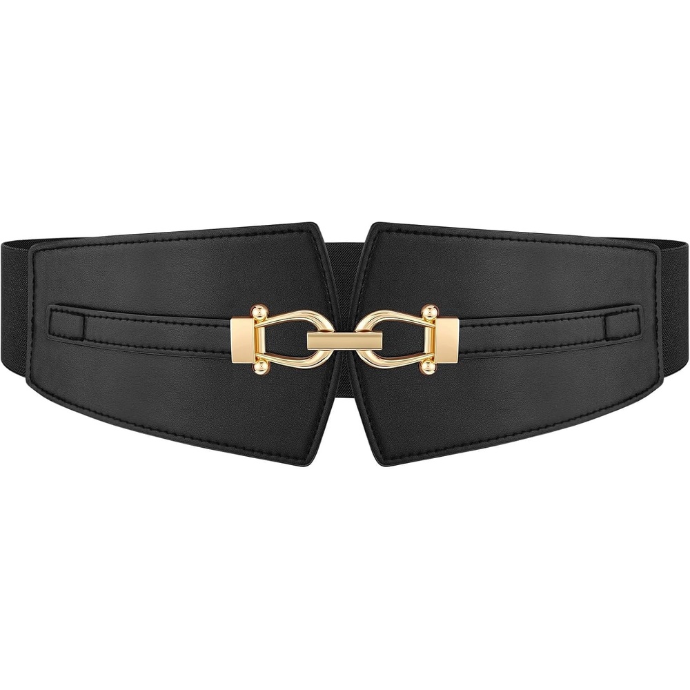 image:imageWide Elastic Belts for Women Corset Belt with Gold Buckle for Dresses Coat  Stretch Leather Belt Comfy amp Adjustable 24 Wide Corset Belt Highlight Waistline Wide Belts for Dresses Shirts CoatBlack