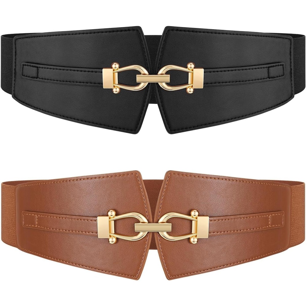 image:imageWide Elastic Belts for Women Corset Belt with Gold Buckle for Dresses Coat Stretch Leather Belt Comfy amp Adjustable 24 Wide Corset Belt Highlight Waistline Wide Belts for Dresses Shirts CoatBlack Brown