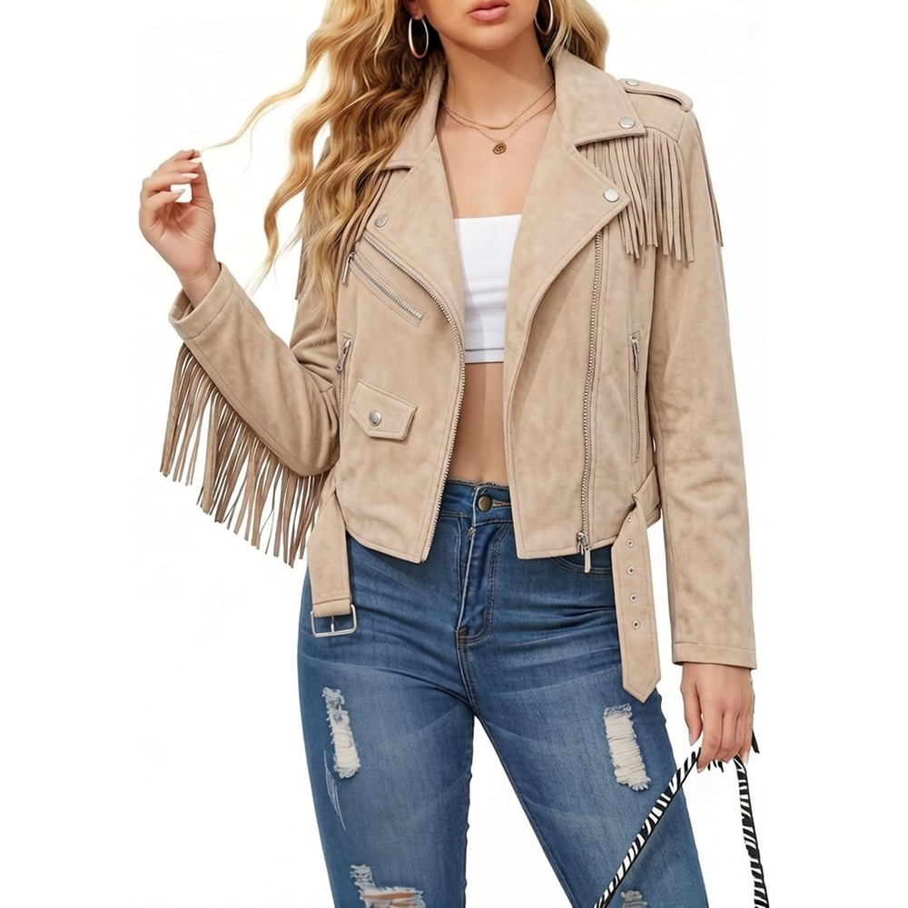 image:imageWomen Faux Leather Moto Jacket with BeltTassel Trim Fringe Vegan PLeather Short CoatZipper UpLapel CollarWestern Country ConcertsFall Spring FashionApricot Beigesuede Fabric